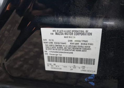 2010 Mazda Mazda6 I Touring Plus from USA, damaged, VIN 1YVHZ8CH9A5M43299